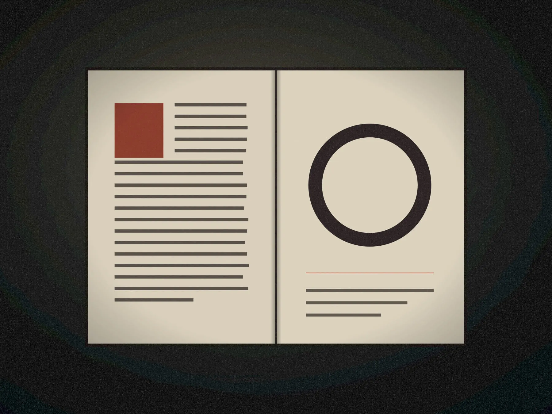 An open book under lamplight, a red initial on the left page and a large letter O on the right.