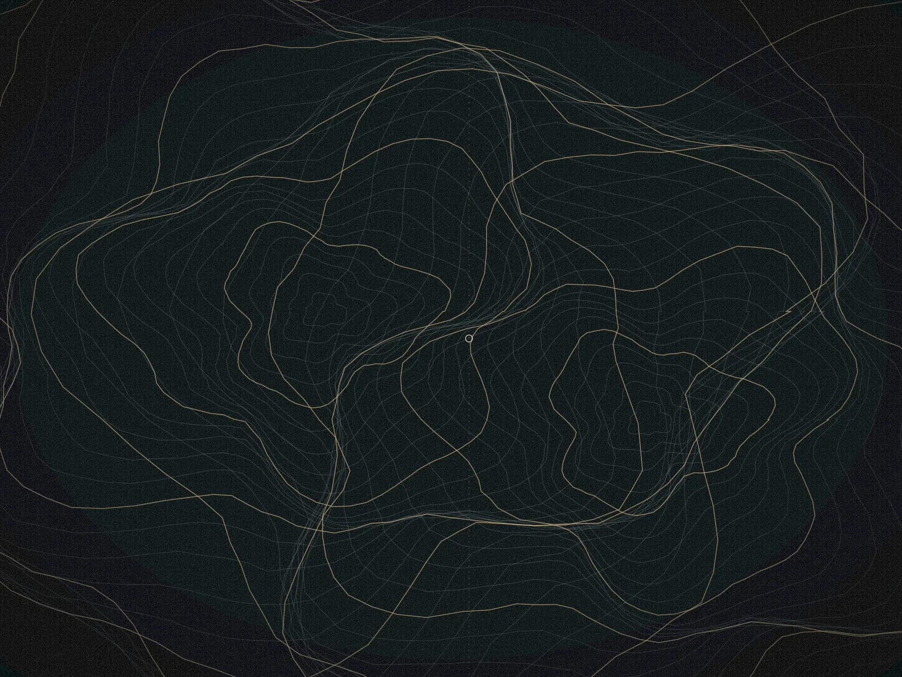 Engraved contour lines circling two summits, crossed by a dotted meridian.