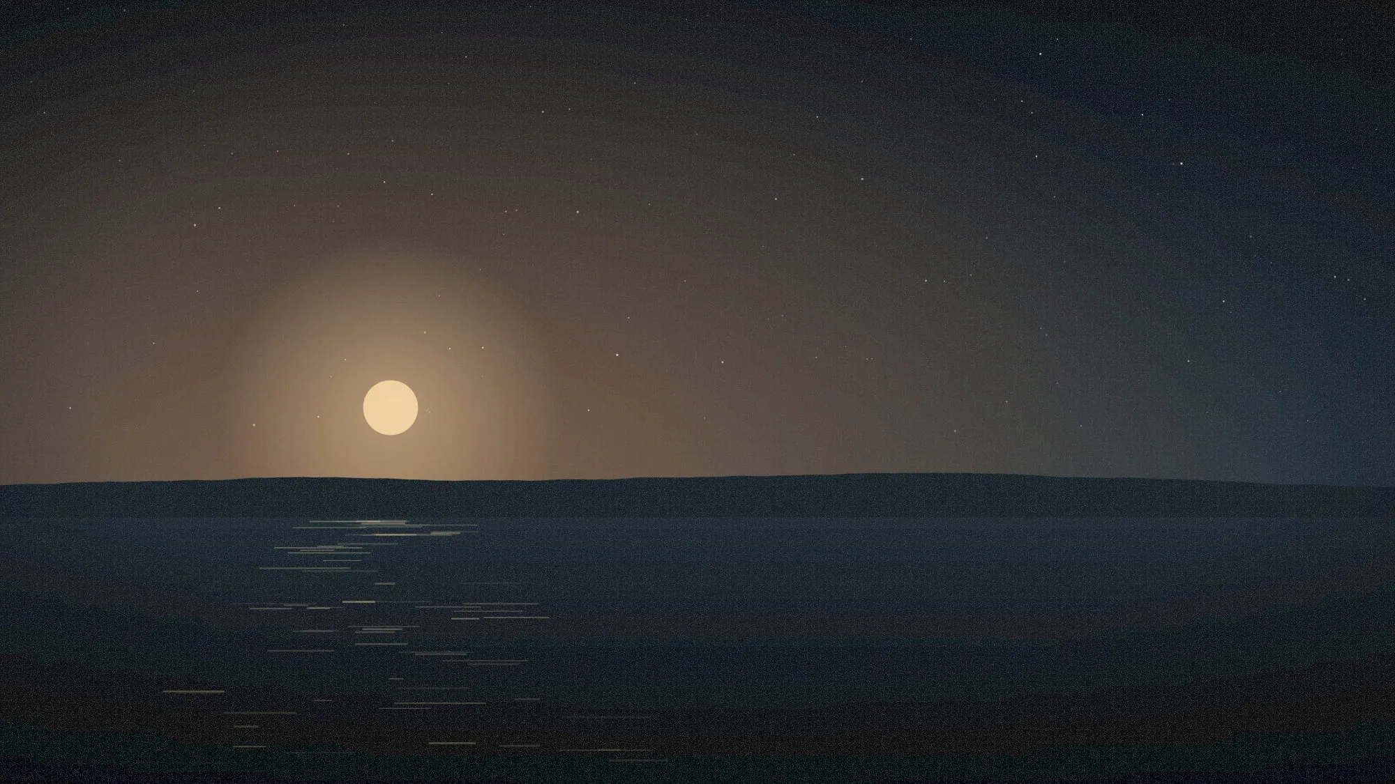 A warm setting sun low over dark water beneath a faintly starred sky.