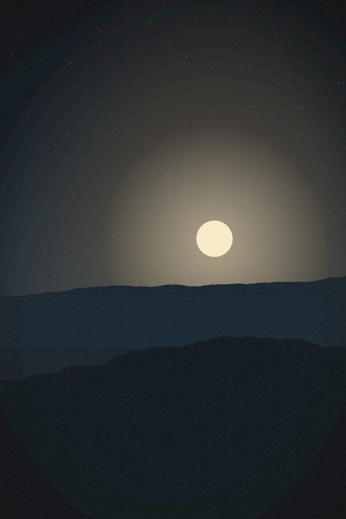 A bright light above a dark headland under a deep blue, star-filled sky.